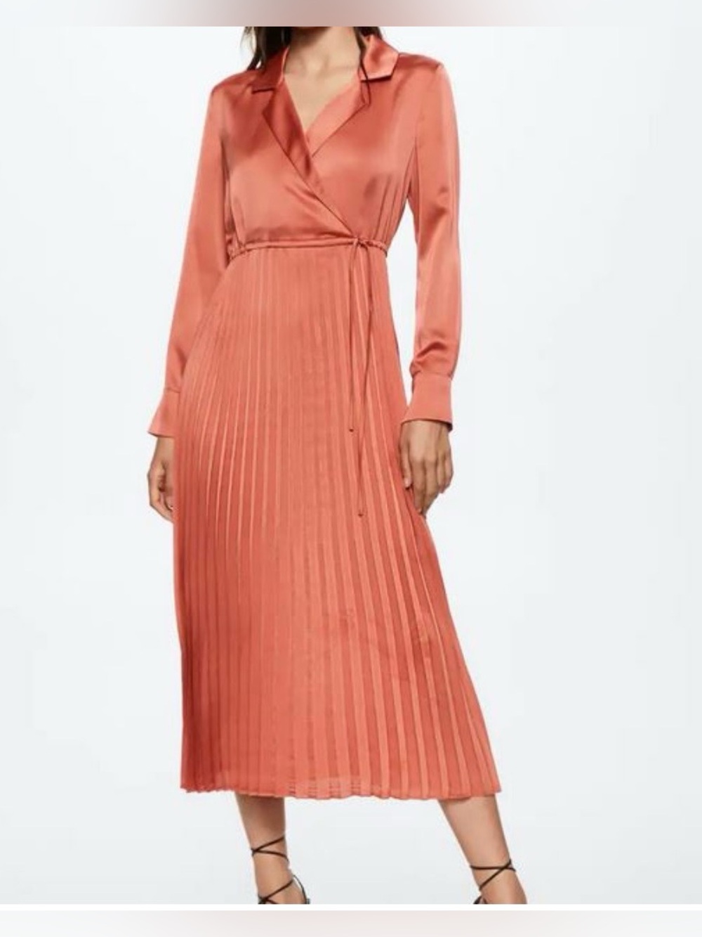 Mango Satin Wrap Pleated Midi Dress - Coral size 18
